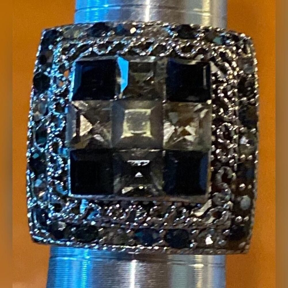 Silver Tone Black Clear Stone Square Cocktail Ring Pave Wide Band Size 7.5